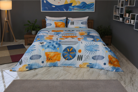 Housse de Couette Double Face "Onde Aquatique"  -Doux & Antiallergique + Taie d'oreiller Offert